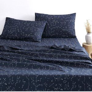 Wake In Cloud - Constellation Sheet Set, Navy Blue with White SpaceStar Pattern